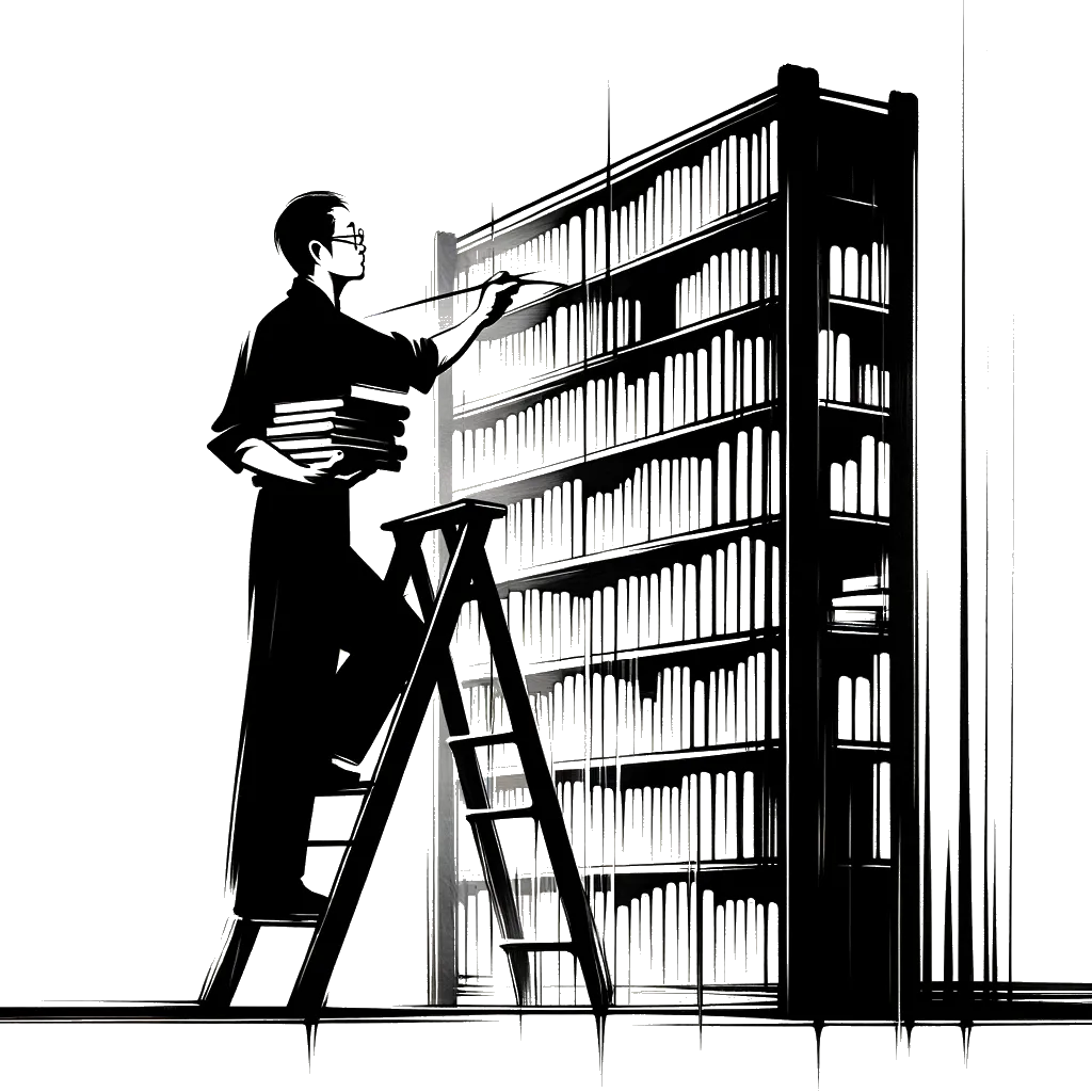 un dibujo de una bibliotecaria en una escalera de biblioteca apilando libros representando el tema de Organización en blanco y negro.