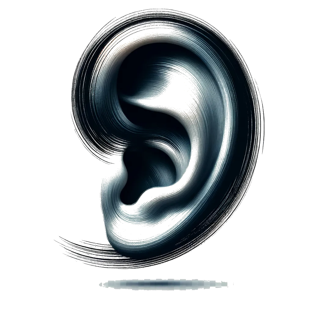 un dibujo de una oreja representando el tema de Oyendo en blanco y negro.