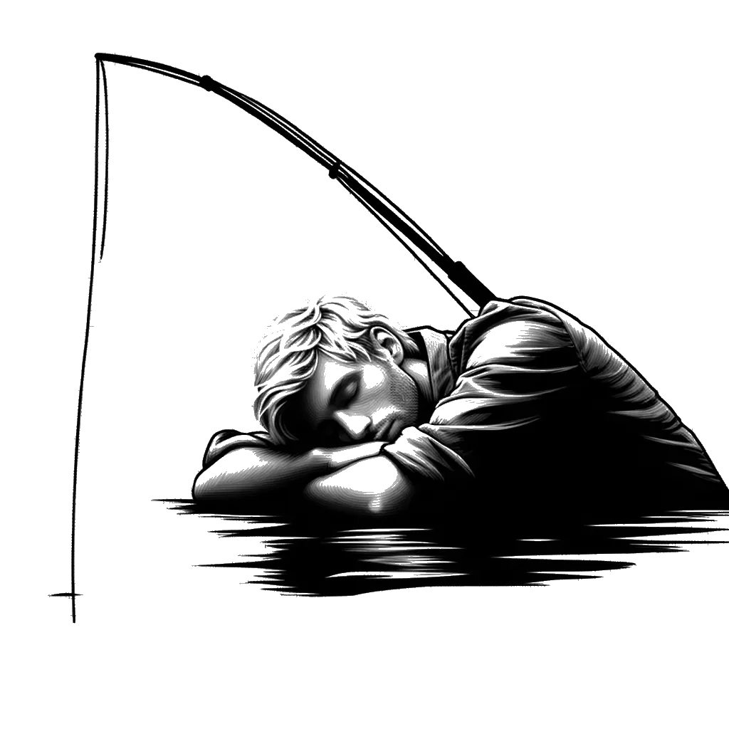 un dibujo de un hombre rubio durmiendo mientras pesca representando el tema de Paciencia en blanco y negro.