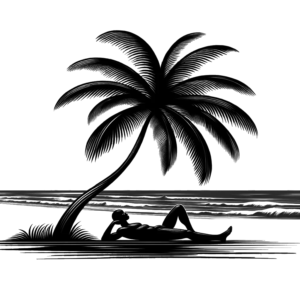 un dibujo de un hombre acostado bajo una palmera en una playa representando el tema de Paraíso en blanco y negro.