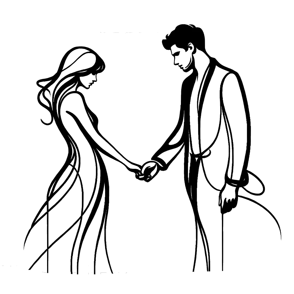 un dibujo de una pareja cristiana occidental, un hombre y una mujer, tomados de la mano representando el tema de Parejas en blanco y negro.
