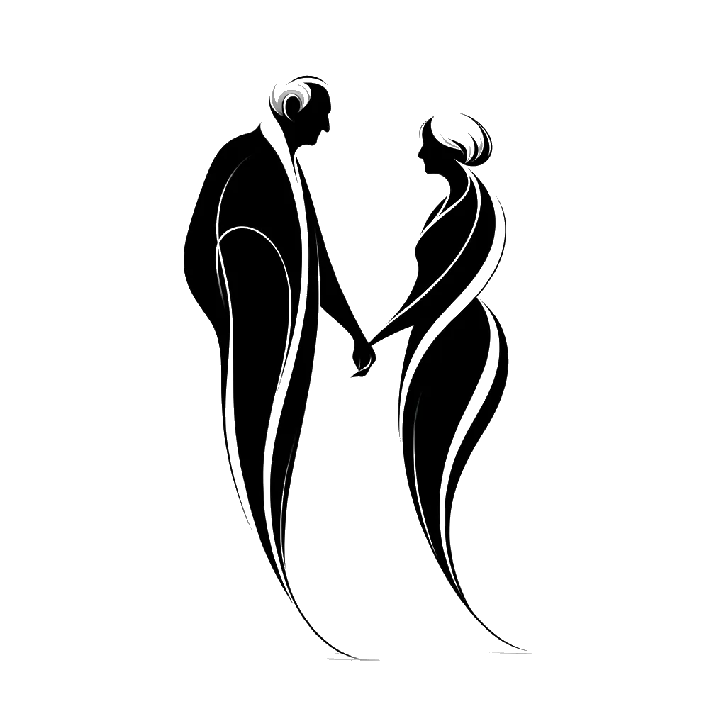 un dibujo de una pareja de occidentales mayores, un hombre y una mujer, tomados de la mano representando el tema de Parientes en blanco y negro.