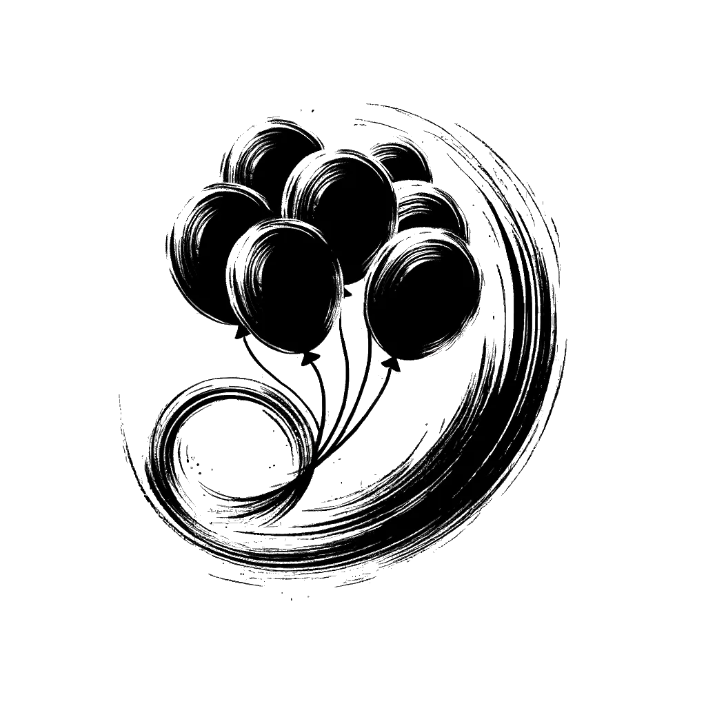 un dibujo de globos de fiesta representando el tema de Partidos en blanco y negro.