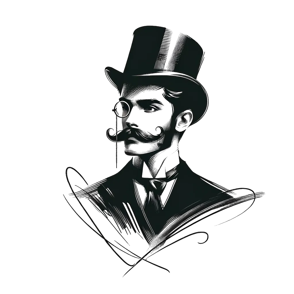 un dibujo de un hombre victoriano rubio con sombrero de copa, bigote y monóculo representando el tema de Pasado en blanco y negro.