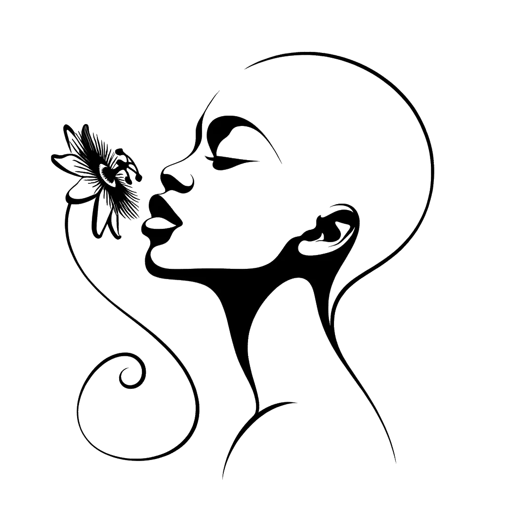 un dibujo de una mujer oliendo una flor de la pasión representando el tema de Pasión en blanco y negro.
