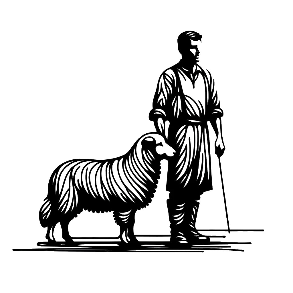 un dibujo de un pastor masculino con un perro pastor representando el tema de Pastoreando en blanco y negro.