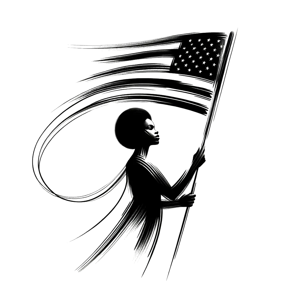 un dibujo de una mujer sosteniendo una bandera estadounidense representando el tema de Patriotismo en blanco y negro.