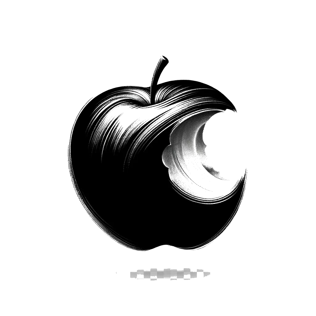 un dibujo de una manzana con un trozo comido representando el tema de Pecado Original en blanco y negro.