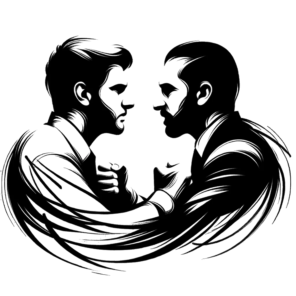 un dibujo de dos hombres blancos discutiendo cara a cara representando el tema de Peleas en blanco y negro.