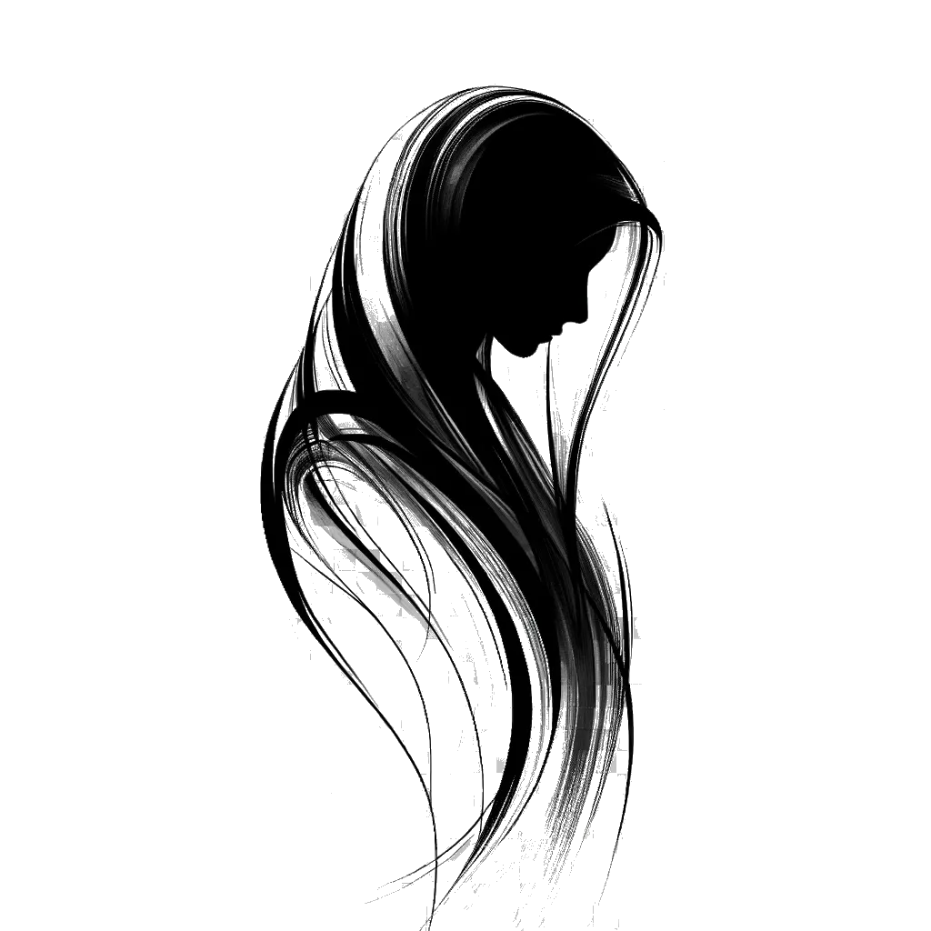 un dibujo de una mujer con velo de luto representando el tema de Pena en blanco y negro.