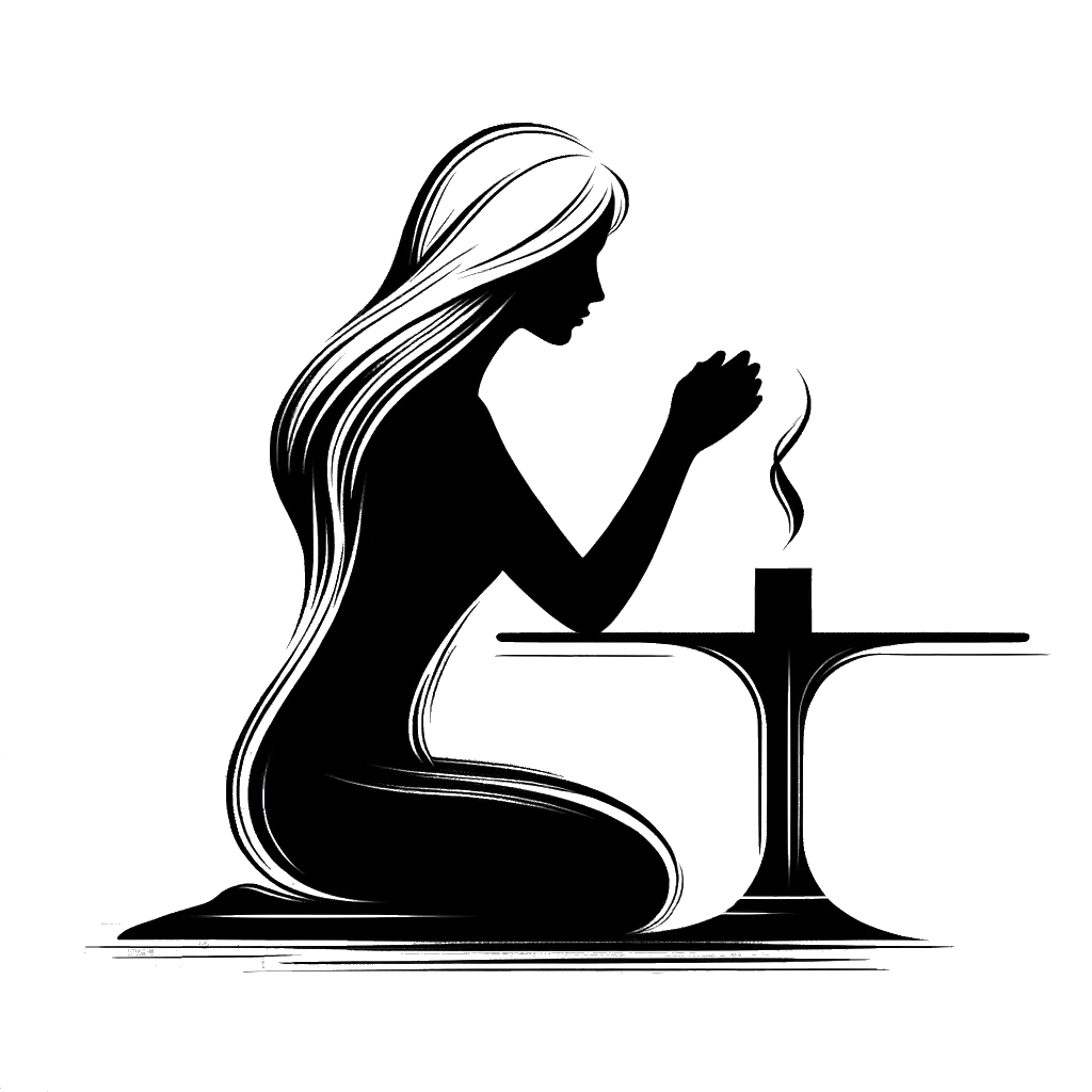 un dibujo de una mujer estadounidense rubia rezando por perdón en un altar representando el tema de Perdón en blanco y negro.