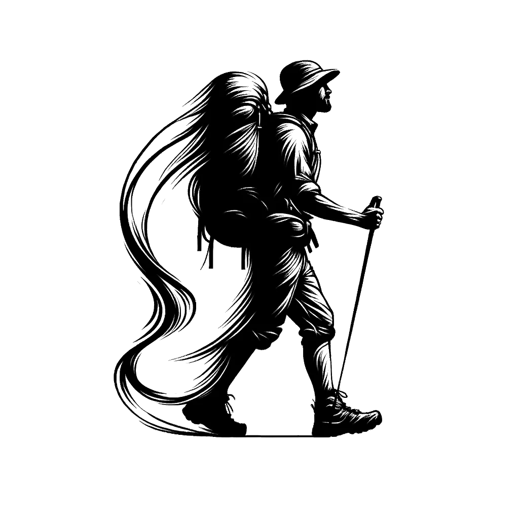 un dibujo de un hombre haciendo senderismo con equipo de senderismo representando el tema de Peregrinación en blanco y negro.