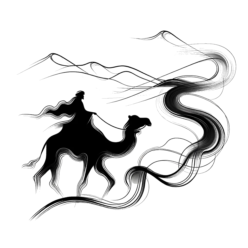 un dibujo de un camello con jinete en el desierto representando el tema de Perserverancia en blanco y negro.