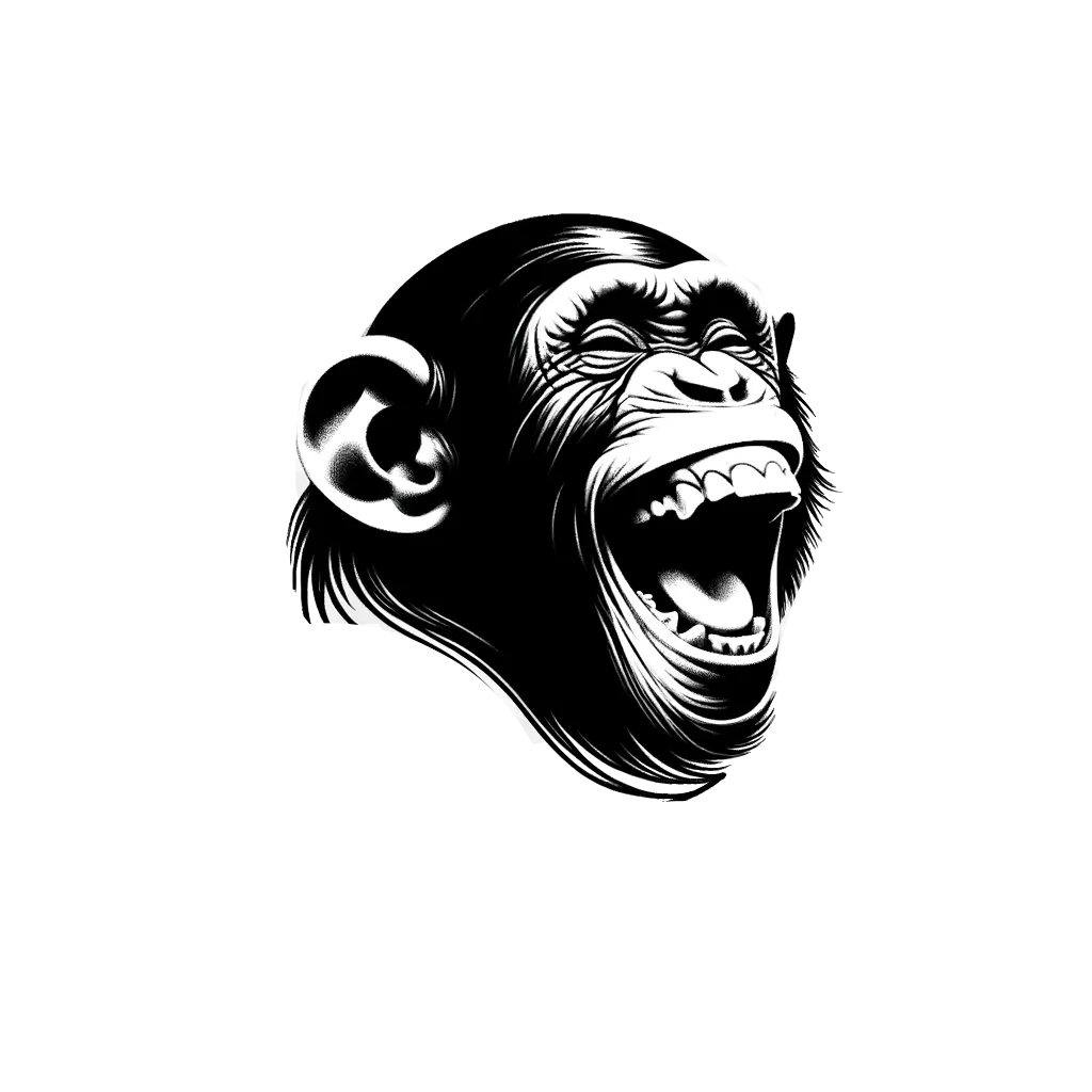 un dibujo de un chimpancé riendo representando el tema de Personalidad en blanco y negro.