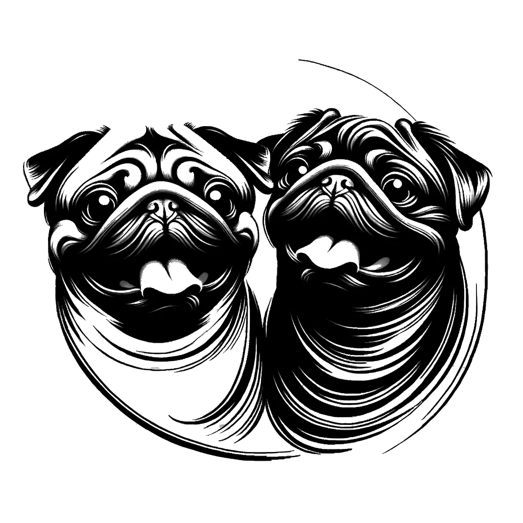 un dibujo de dos perros pug luciendo muy felices representando el tema de Personalidades en blanco y negro.
