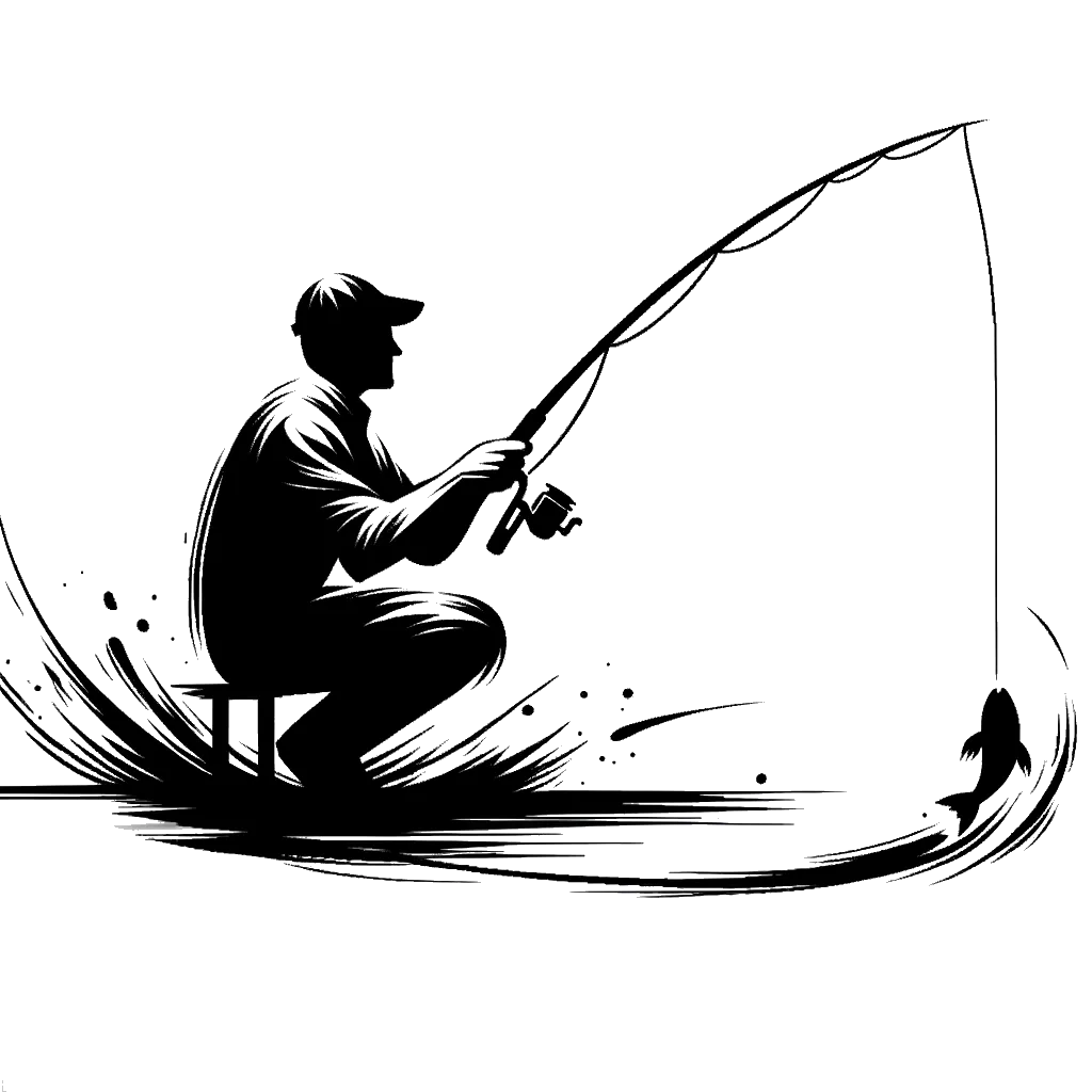 un dibujo de un hombre pescando representando el tema de Pescando en blanco y negro.