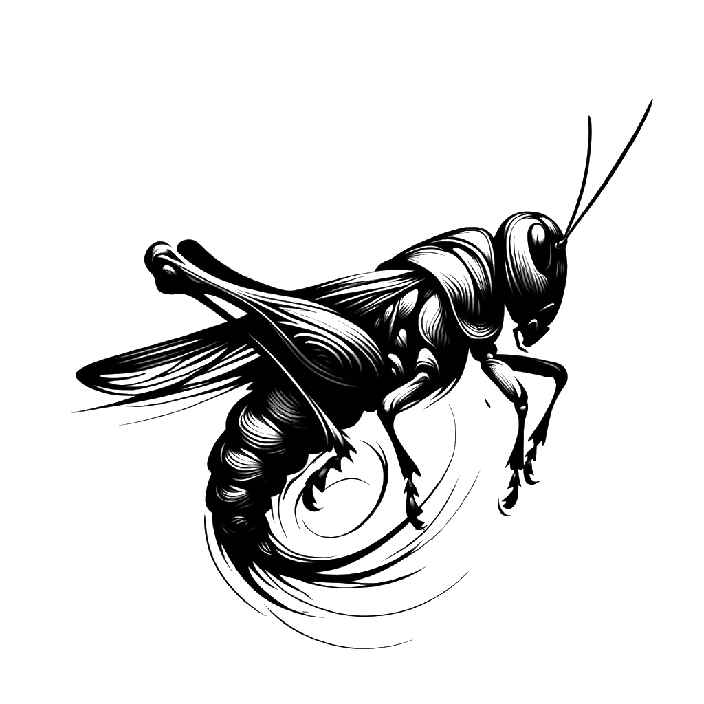 un dibujo de un saltamontes representando el tema de Pestilencia en blanco y negro.