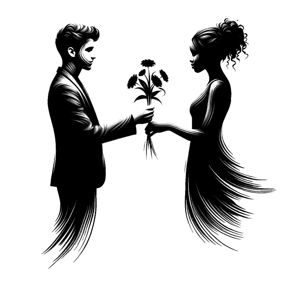 un dibujo de un joven entregando flores a una mujer representando el tema de Piropos en blanco y negro.
