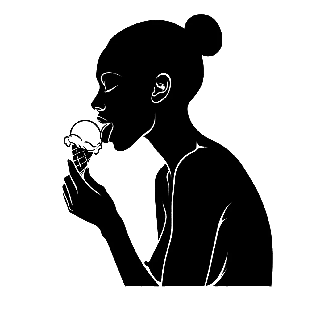 un dibujo de una mujer comiendo un helado con puro placer representando el tema de Placer en blanco y negro.