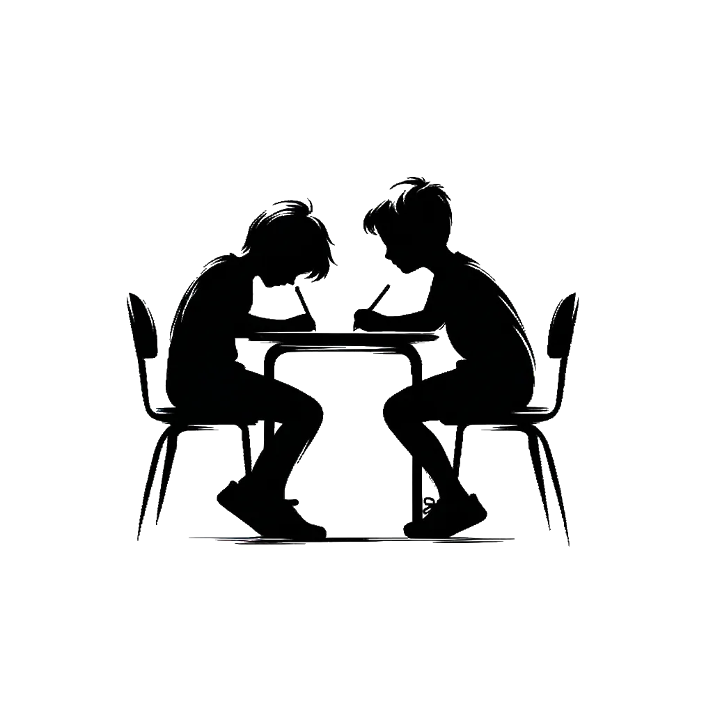 un dibujo de Dos chicos haciendo un examen, donde uno de ellos está mirando de reojo lo que el otro está escribiendo. representando el tema de Plagio en blanco y negro.