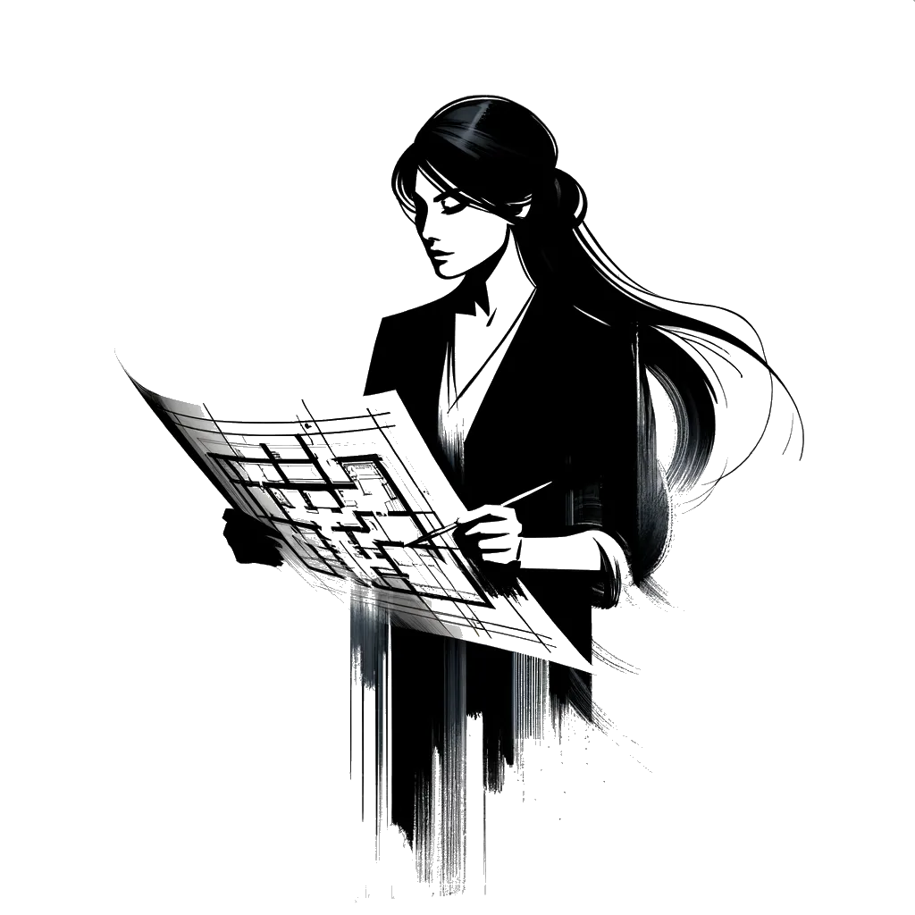 un dibujo de un arquitecto con una gran hoja de papel de planificación representando el tema de Planes en blanco y negro.