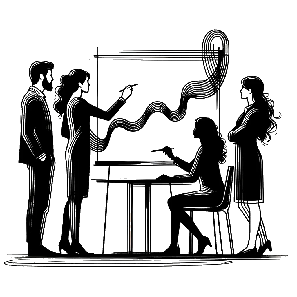 un dibujo de una persona frente a una pizarra blanca delante de otras tres personas representando el tema de Planificación en blanco y negro.