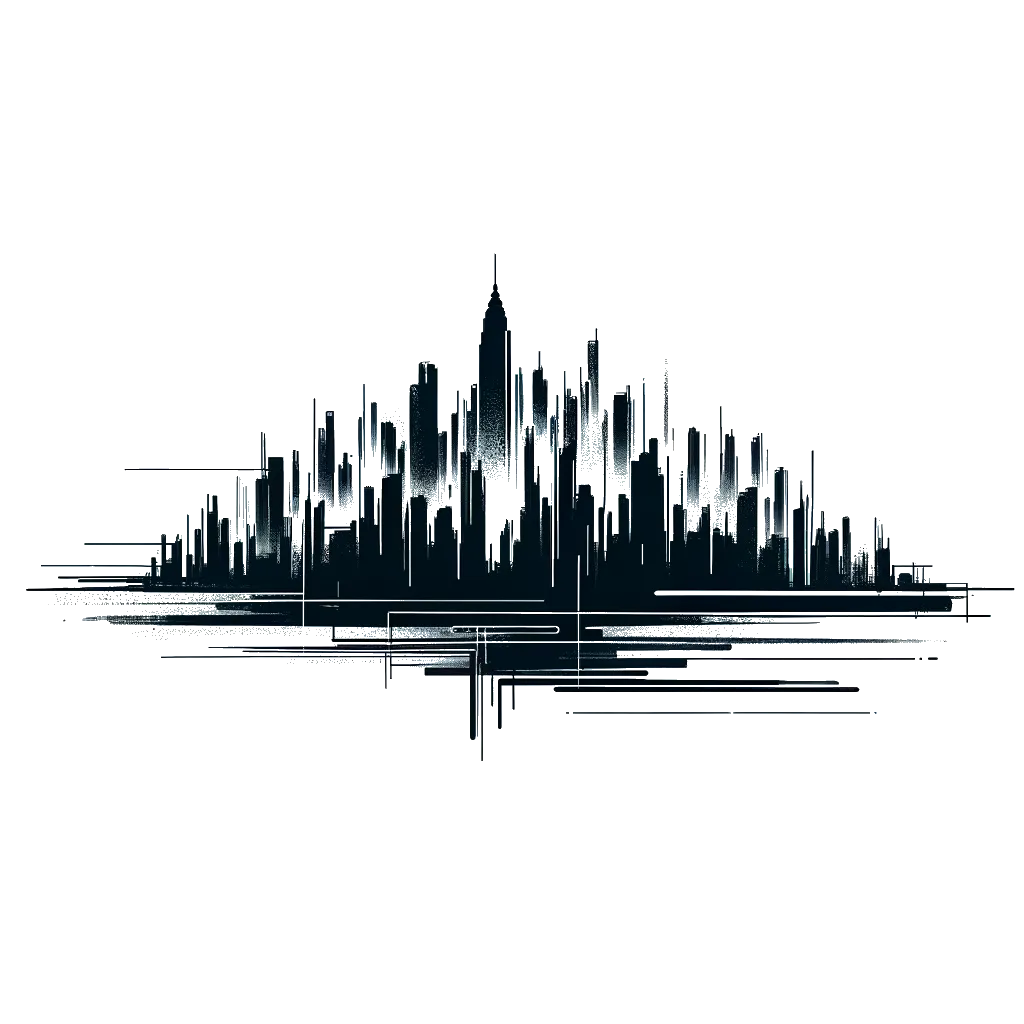 un dibujo de el horizonte de una gran ciudad representando el tema de Población en blanco y negro.
