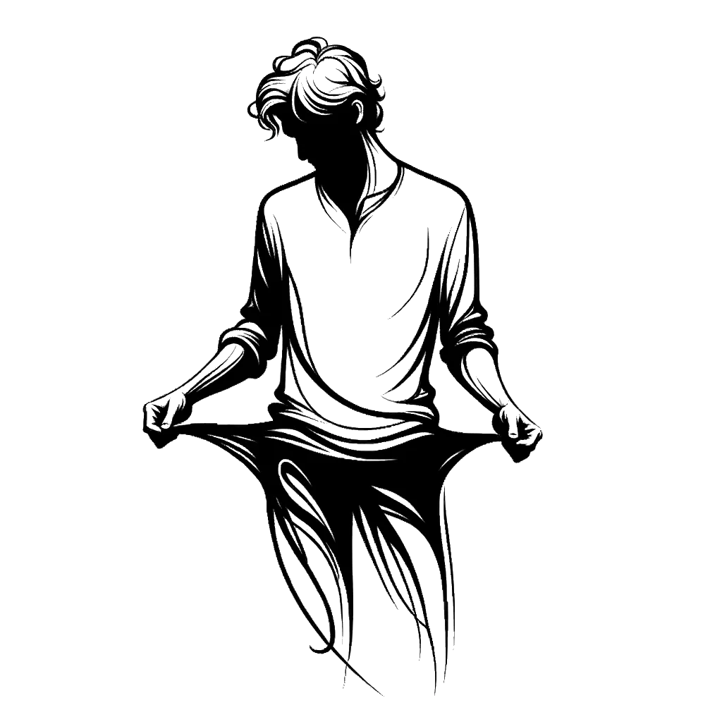 un dibujo de un hombre rubio mostrando sus bolsillos vacíos representando el tema de Pobreza en blanco y negro.