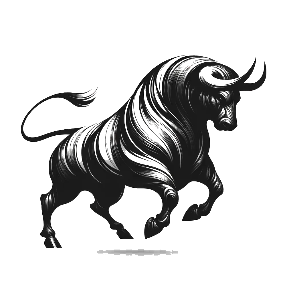 un dibujo de un cuerpo completo de un toro furioso representando el tema de Poder en blanco y negro.