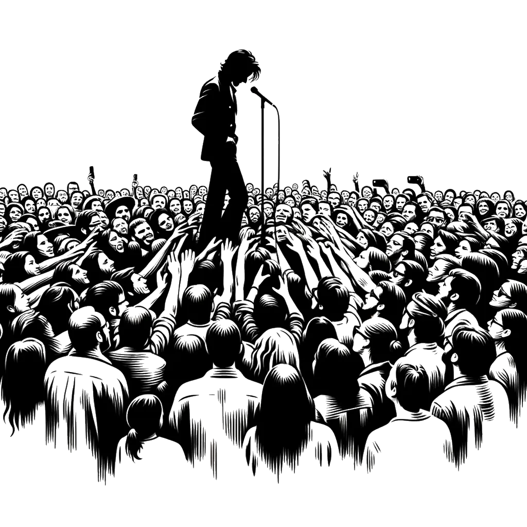 un dibujo de una multitud de personas queriendo un autógrafo de una estrella pop representando el tema de Popularidad en blanco y negro.