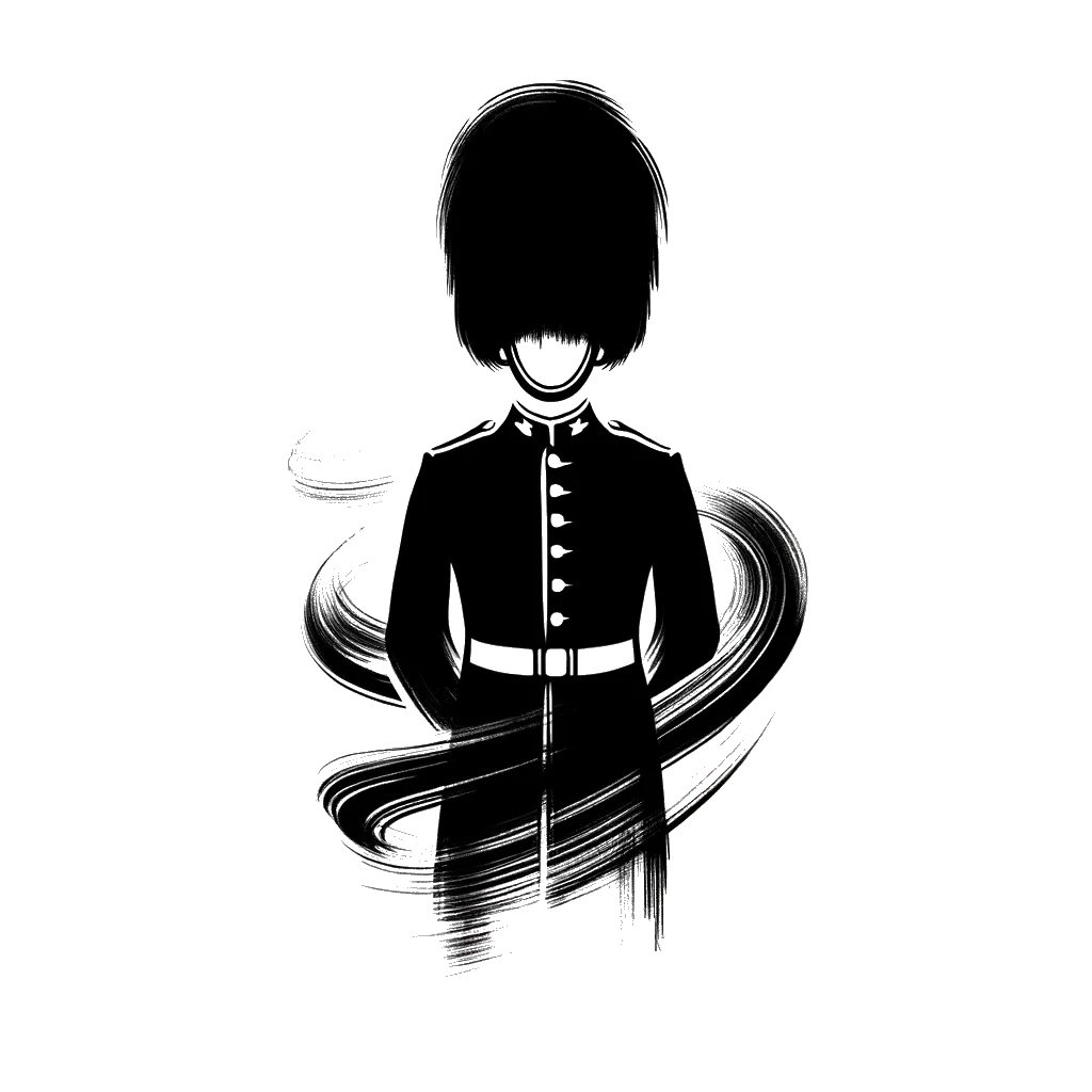 un dibujo de un guardia de la reina representando el tema de Porteros en blanco y negro.