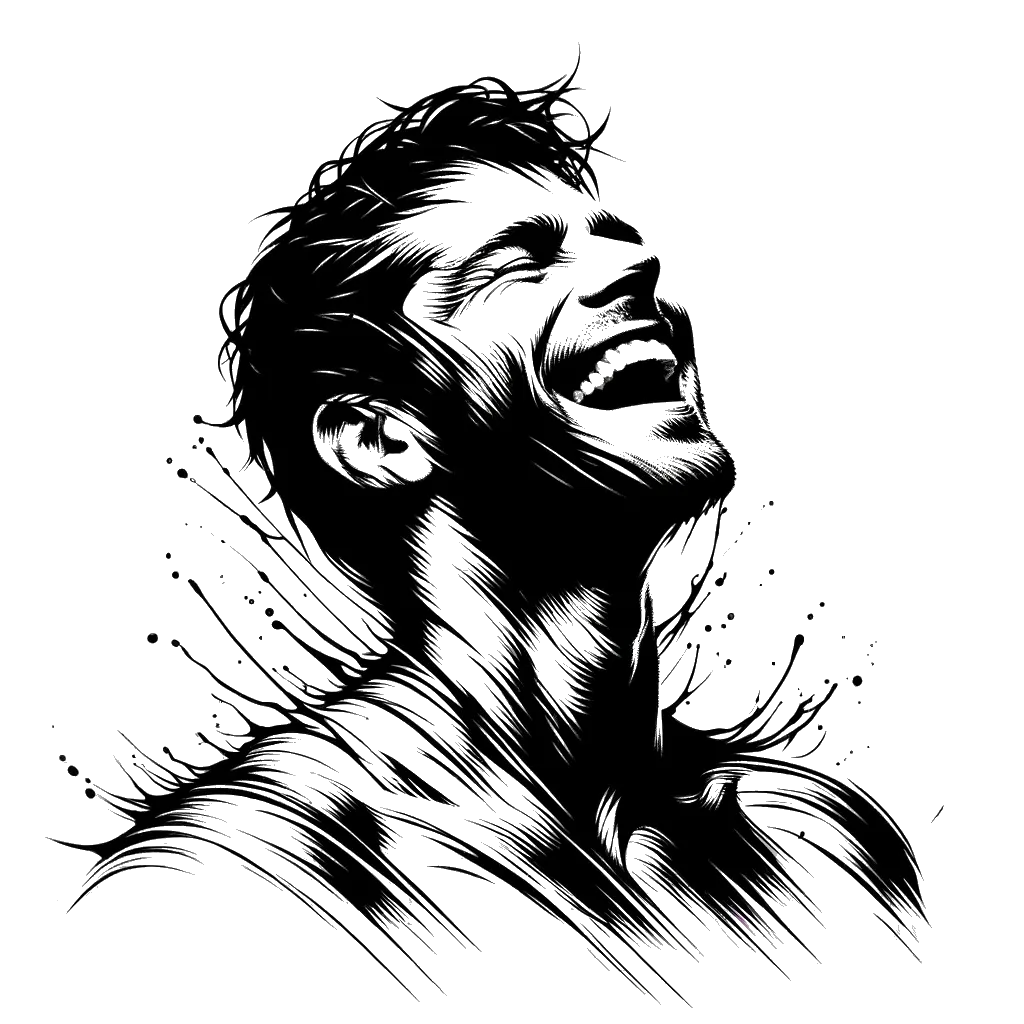 un dibujo de un hombre riendo mientras está empapado de agua representando el tema de Positividad en blanco y negro.