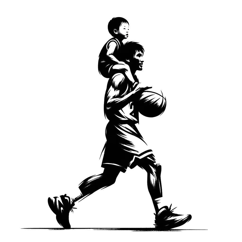 un dibujo de un jugador de baloncesto llevando a un niño en sus hombros representando el tema de Potencial en blanco y negro.