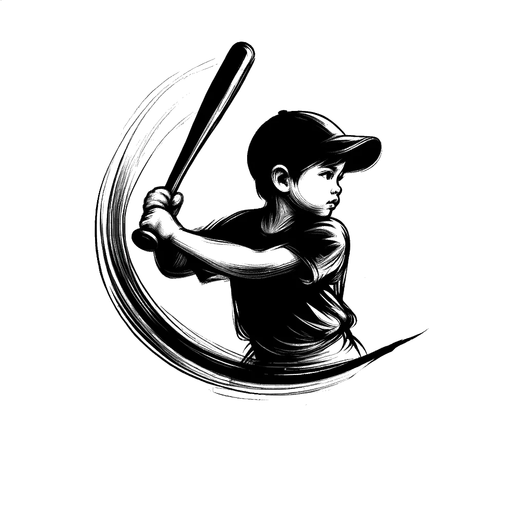 un dibujo de un niño con un bate de béisbol representando el tema de Práctica en blanco y negro.