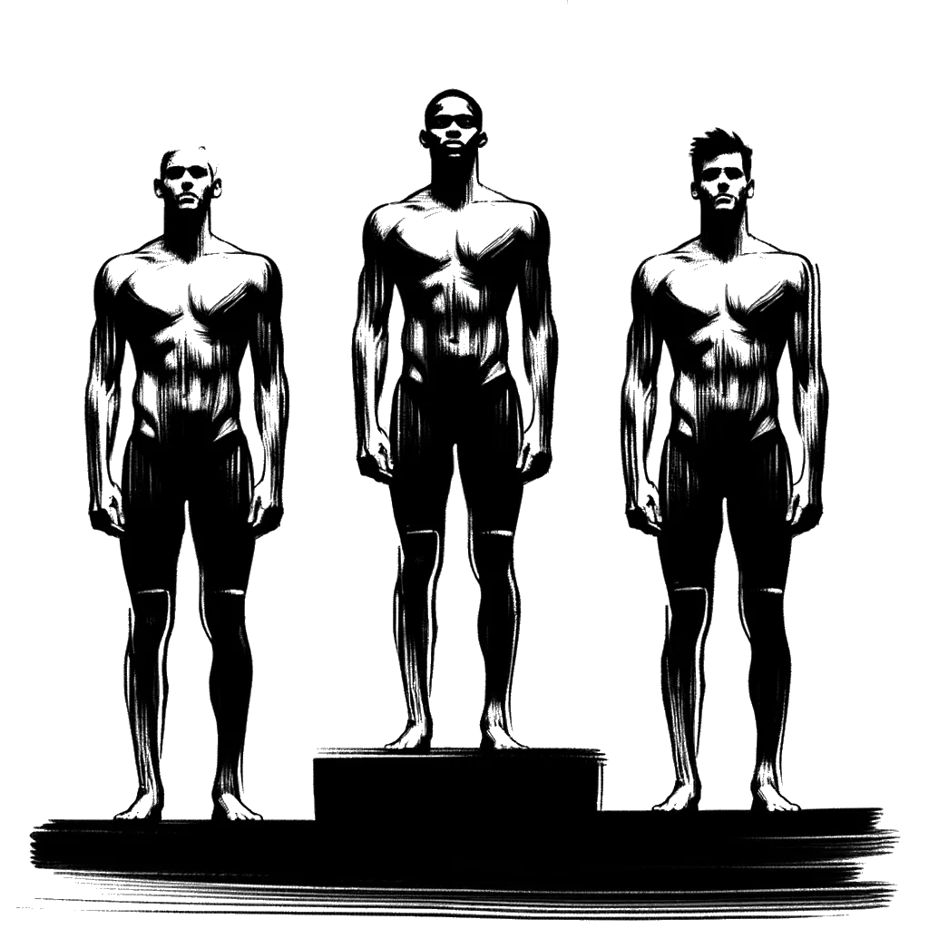 un dibujo de nadadores masculinos en el podio de ganadores representando el tema de Preciado en blanco y negro.