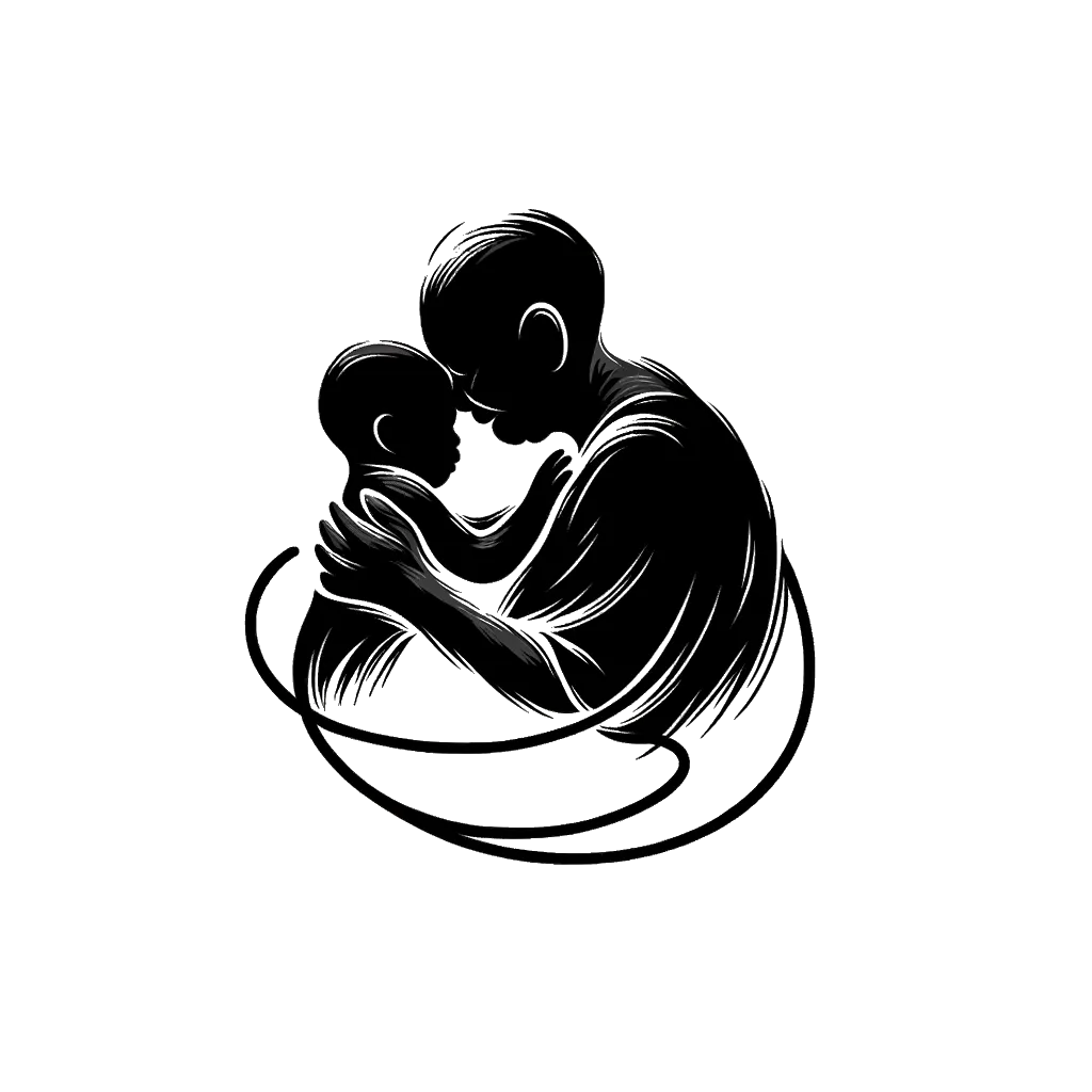 un dibujo de una anciana abrazando con fuerza a un niño pequeño representando el tema de Precioso en blanco y negro.