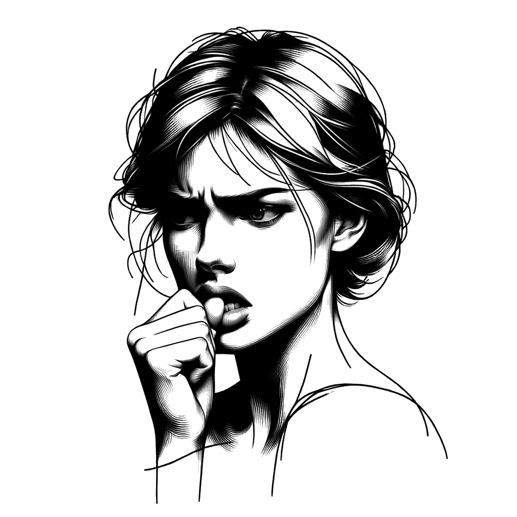 un dibujo de una mujer mordiéndose el puño y luciendo preocupada representando el tema de Preocupación en blanco y negro.