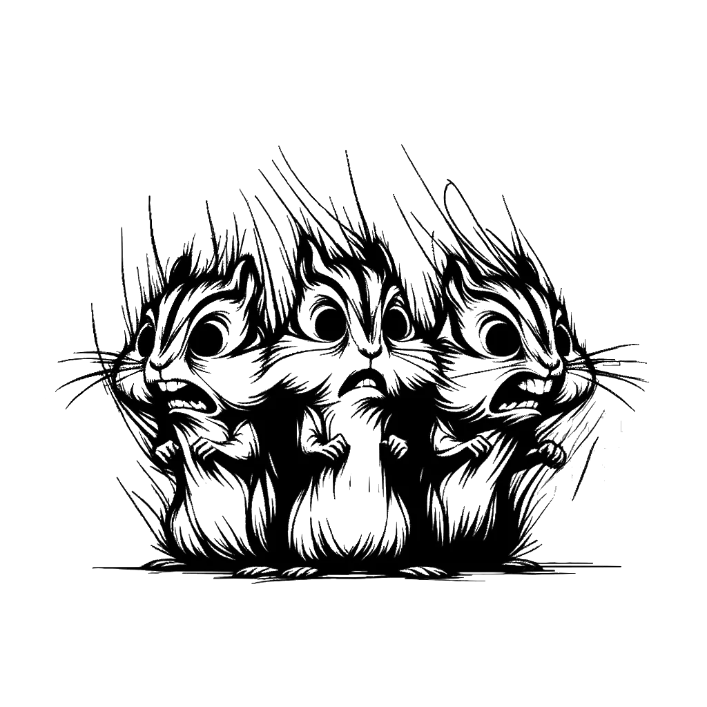 un dibujo de tres ardillas listas frenéticas representando el tema de Preocupándose en blanco y negro.