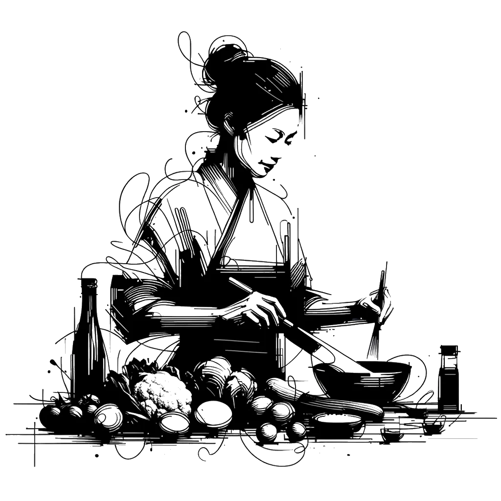 un dibujo de un chef con todos los ingredientes dispuestos frente a él representando el tema de Preparación en blanco y negro.
