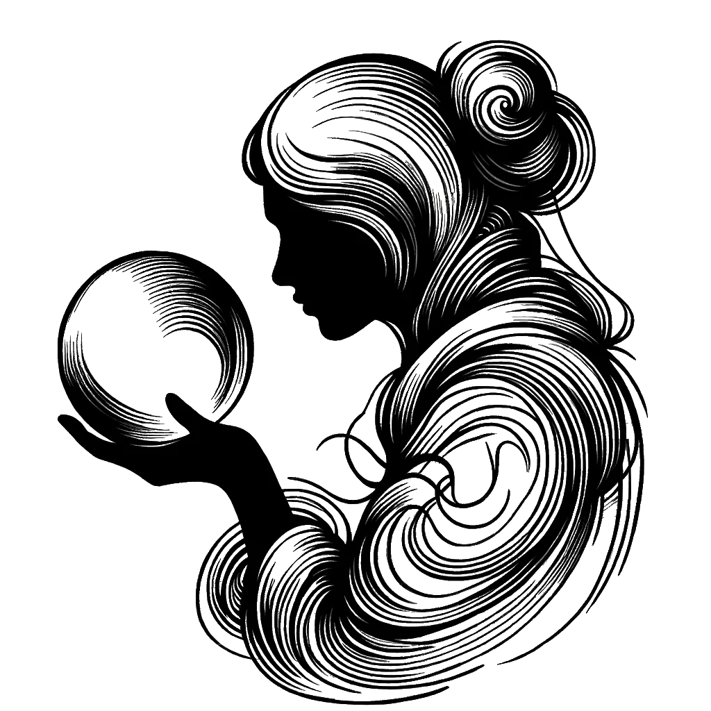un dibujo de una mujer usando una bola de cristal representando el tema de Presciencia en blanco y negro.