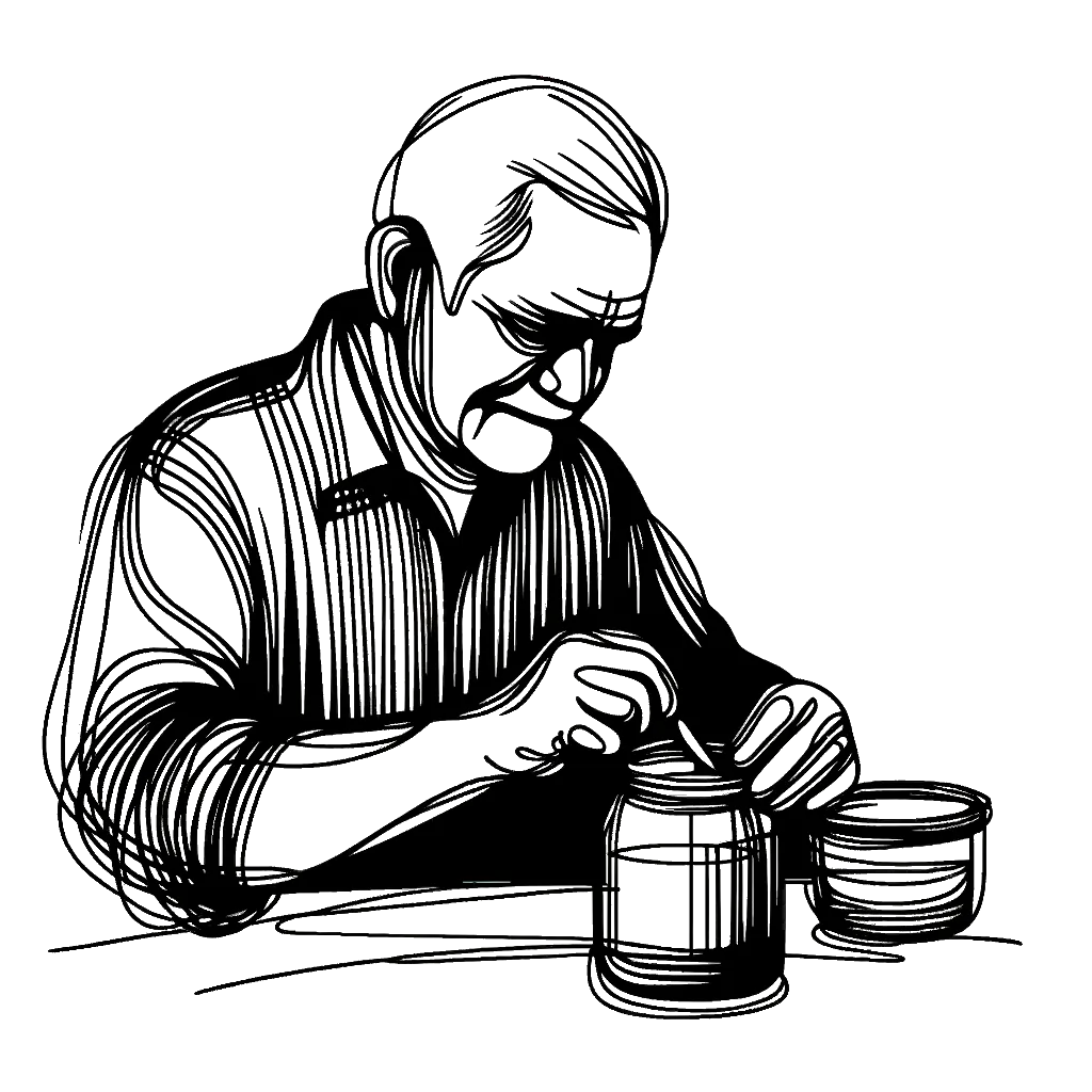 un dibujo de un hombre mayor haciendo mermelada representando el tema de Preservación en blanco y negro.