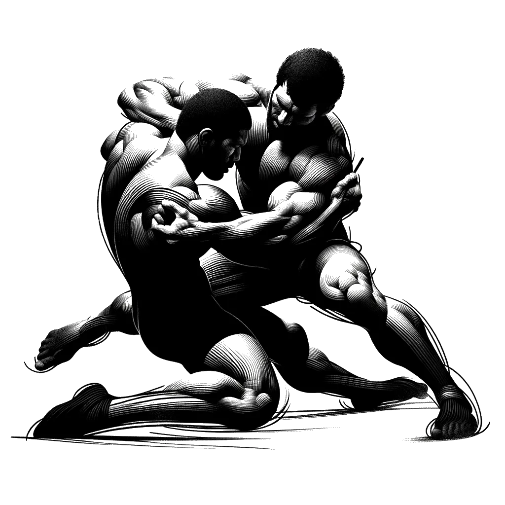 un dibujo de dos luchadores masculinos forcejeando representando el tema de Presión en blanco y negro.