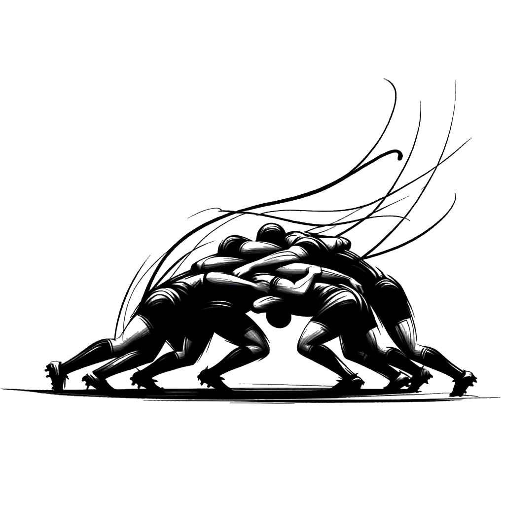 un dibujo de un scrum de rugby representando el tema de Presión de Grupo en blanco y negro.