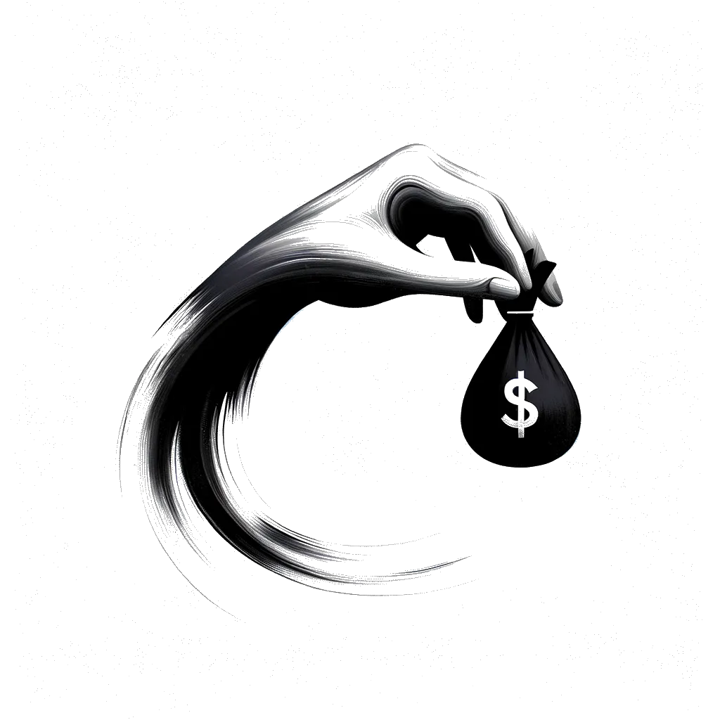 un dibujo de un brazo sosteniendo una bolsa de dinero, simbolizando préstamos, en blanco y negro representando el tema de Préstamo en blanco y negro.