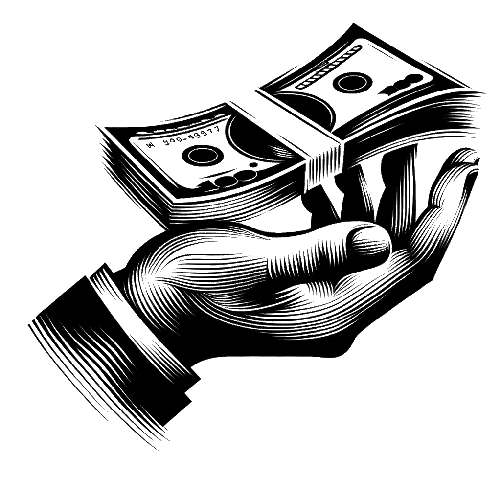 un dibujo de una mano sosteniendo un fajo de billetes representando el tema de Préstamos en blanco y negro.