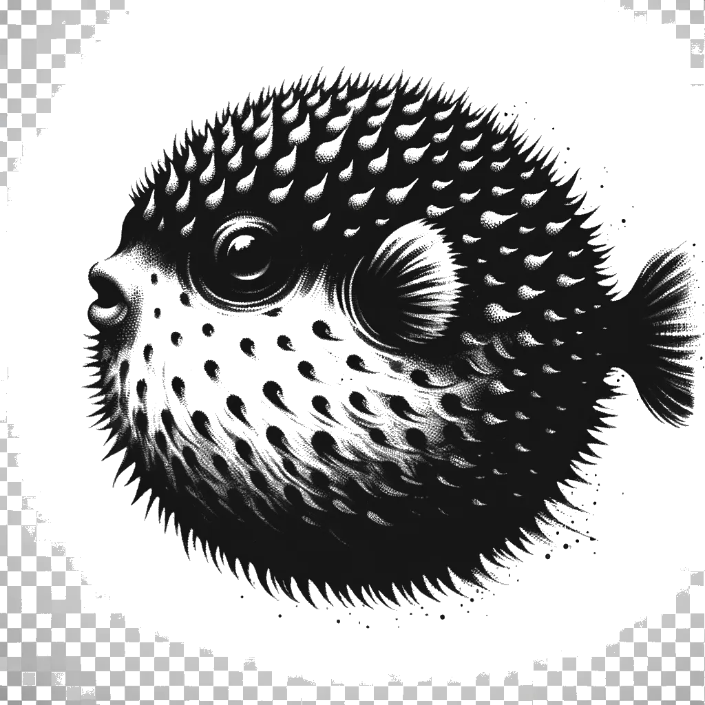 un dibujo de un pez globo completamente hinchado en negro y blanco representando el tema de Presunción en blanco y negro.