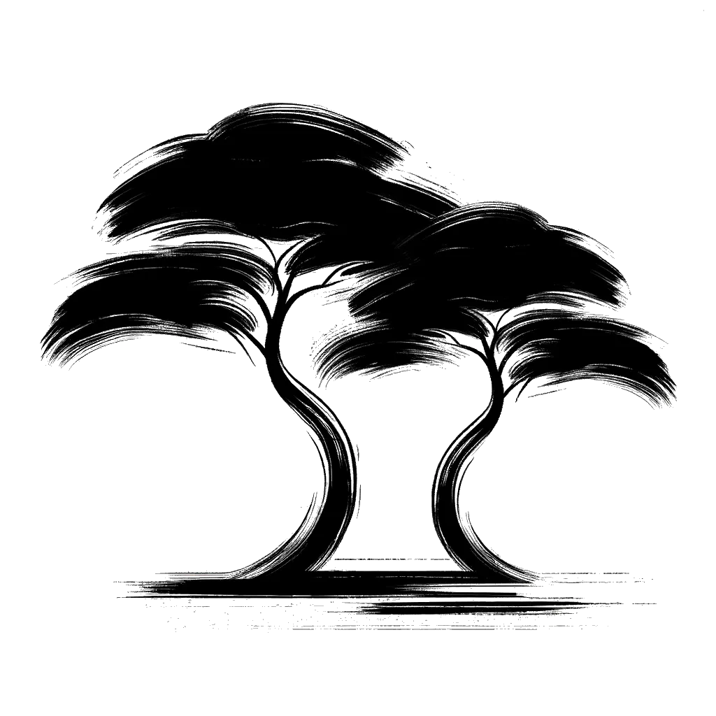 un dibujo de dos árboles similares uno al lado del otro representando el tema de Primos en blanco y negro.