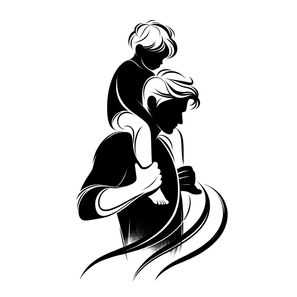 un dibujo de un padre rubio llevando a su hijo sobre sus hombros representando el tema de Prioridades en blanco y negro.