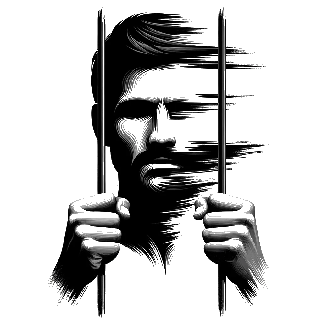 un dibujo de un hombre agarrado a dos barrotes de prisión frente a su rostro representando el tema de Prisión en blanco y negro.
