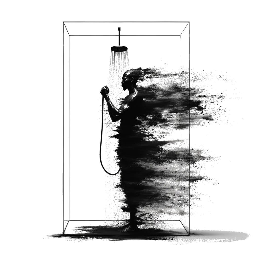 un dibujo de un hombre duchándose cubierto de la cintura para abajo por una mampara de ducha representando el tema de Privacidad en blanco y negro.